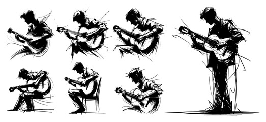 Expressive guitarist figure studies, musician playing acoustic guitar in dynamic poses – rough sketch vector illustration set © Luka