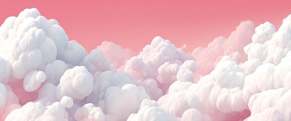 Dreamy panorama of fluffy, white clouds against a soft, pink background. A gentle and whimsical aesthetic evokes a sense of calm and serenity