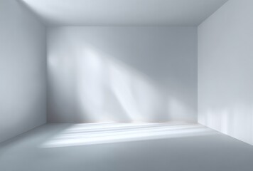An empty, bright white room with subtle shadows cast diagonally across the floor and back wall creating an ethereal, clean and minimalist space