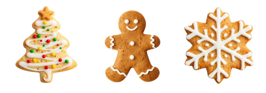 Christmas cookies with icing. Christmas tree, gingerbread man, snowflake. Homemade sweet dessert. New Year baked. Isolated on a transparent PNG background.