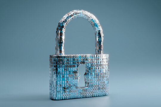 3D minimalist padlock constructed entirely from floating binary numbers concept of digital encryption in cyber systems