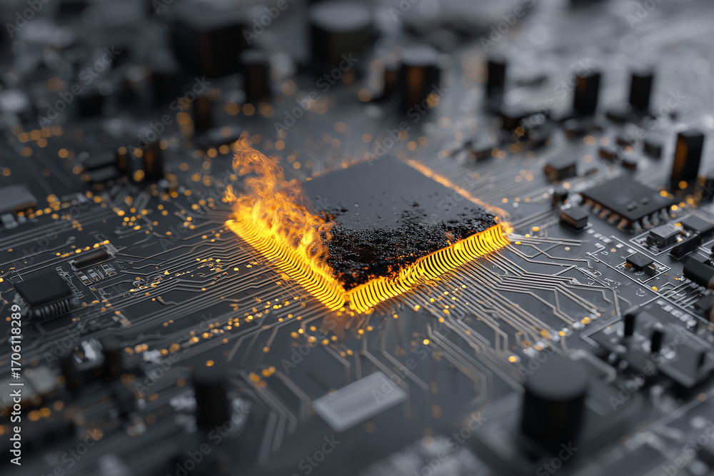Poster 3d minimalist motherboard piece with a burned edge and disconnected wires symbolizing hardware failu