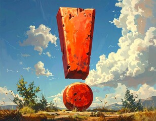 A large, rusty orange exclamation point stands on a landscape