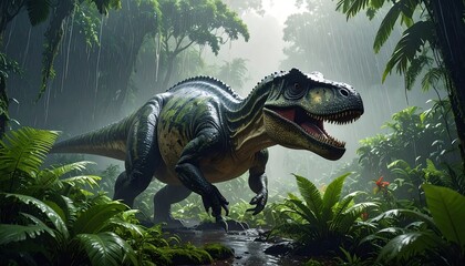 A large dinosaur in a lush jungle