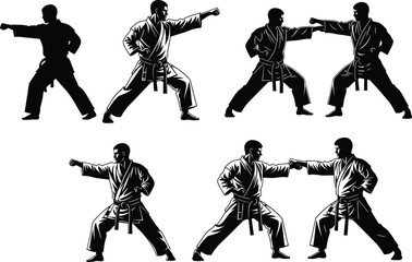 Karate silhouette set, black-and-white illustrations of martial artists in action poses for sports, discipline, movement, and character design themes