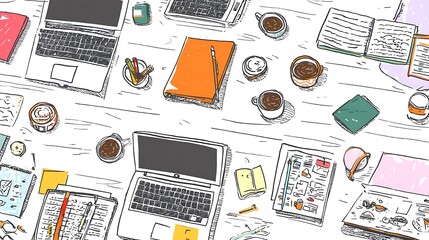 Hand drawn office desk flat lay creative workspace laptops coffee notebooks illustration