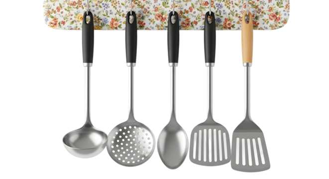 Kitchen utensils hanging on a floral rack providing essential tools for cooking and food preparation in a wellorganized and aesthetically pleasing manner on transparent background
