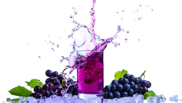 Juicy grapes splashing into purple liquid refreshing beverage action shot isolated on transparent background