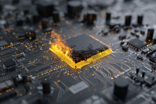 3D minimalist motherboard piece with a burned edge and disconnected wires symbolizing hardware failure or tech breakdown clean layout