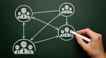 Hand drawing a network diagram of interconnected business teams on a green chalkboard.