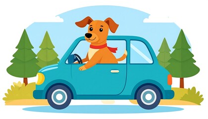 A cheerful cartoon dog drives a bright teal-colored car through a sunny forest scene.