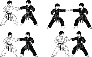 Karate sparring silhouette set, black-and-white illustrations of martial artists in action poses for sports, discipline, training, and character design themes