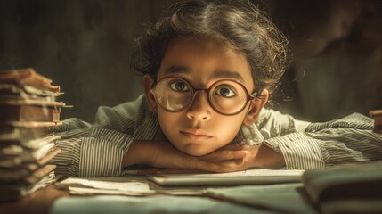 Photorealistic image of a child with eyeglasses studying at desk with books and tablet, learning with focus, generative ai illustration.