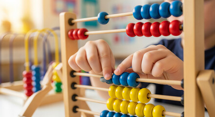Child learning with abacus in preschool classroom, colorful beads in motion under small hands, symbolizing early education, math skills, and playful interactive learning