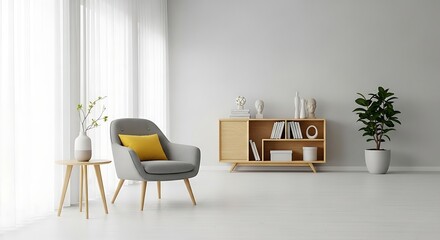 Comfortable armchair in a bright modern living room with natural light