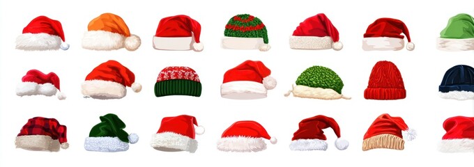 Assorted festive hats in rows and columns. Includes knitted caps, Santa hats, and caps of red, green, orange, and blue with fur brims on a white background
