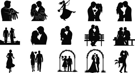 Romantic couple silhouettes, love, wedding, kissing, hugging, dating, romance, bride, groom, heart, dance, relationship, valentine, marriage, engagement, holding hands, 