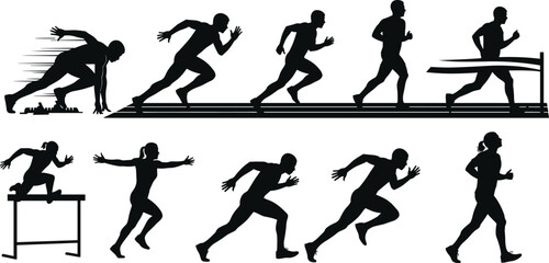 Obraz premium Running silhouettes, sprint start, sprinting athletes, hurdle jump, race finish, male and female runners, track and field, athletics