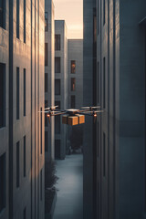 Autonomous drone delivering package in modern urban environment, delivery drone, package delivery, futuristic logistics, automated drone, urban delivery, drone technology, logistics drone