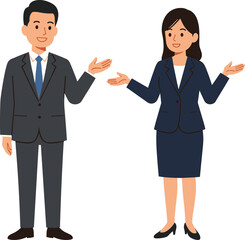 Business presentation characters in formal attire, man and woman vector illustration for workplace communication, corporate design, office scene