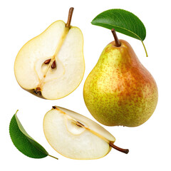 Two whole and two half pears, with green leaves, arranged on a black background.  Fresh, ripe pears, with a mix of green and yellow skin tones, and pale creamy white flesh