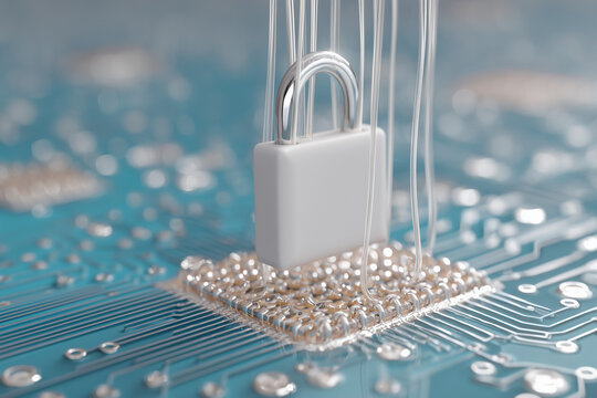 3D minimalist padlock held by thin threads above a digital circuit board representing fragile data security or system risk