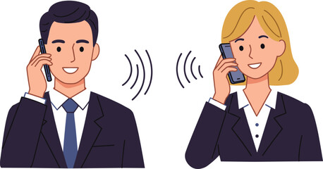 Business professionals having phone conversation with sound wave graphics, representing corporate communication, remote contact, and professional dialogue.