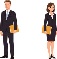 Business professionals holding yellow folders in formal attire, office staff, corporate team, vector illustration for workplace and presentation themes