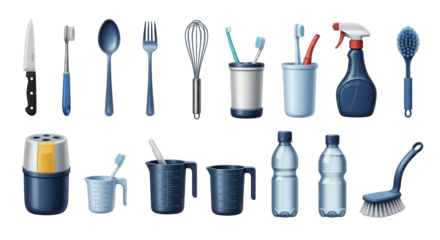 Assorted cleaning and kitchen utensils isolated on a transparent background hygiene tools