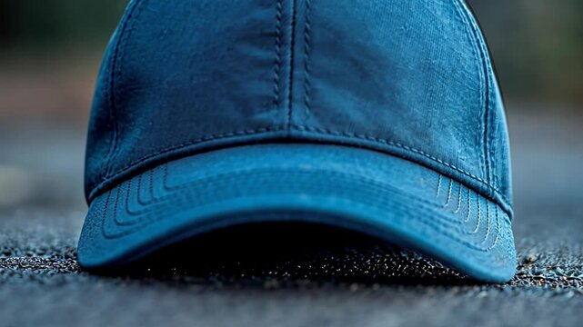 Close-up of a blue baseball cap lying on the ground, showcasing its texture and details.