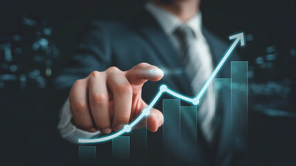 Business Hand Touching Glowing Floating Upward Graph Line