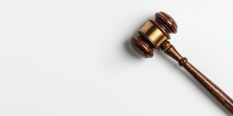 A wooden gavel with a gold accent lies diagonally across a plain white surface, casting a subtle shadow. The hammer shows detailed wood grain