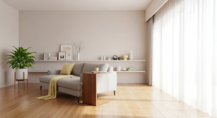 Fototapeta premium Bright and airy living room with comfortable armchair and shelves filled with decor