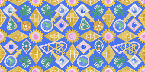 Whimsical hand drawn pattern with geometric shapes planets magnifying glasses and tropical leaves on a blue background
