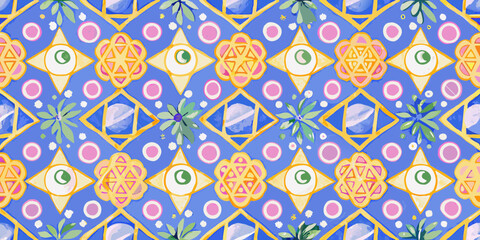 Whimsical blue pattern with geometric shapes flowers and eyes in a repeating design