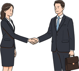 Cartoon-style business handshake illustration of smiling professionals in formal attire with briefcase, symbolizing agreement, partnership, and cooperation.