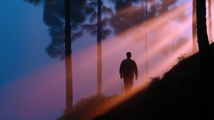 Ray of hope used in motivational poster with silhouette of person walking through forest at sunrise creating inspiring mood