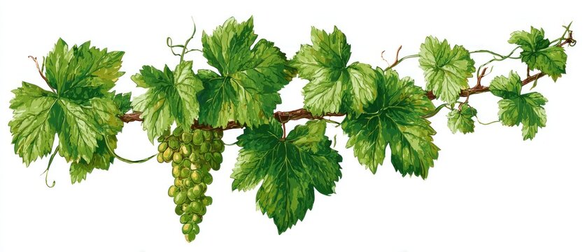Detailed drawing showing a vine branch with several green leaves and a bunch of unripe green grapes hanging down, all isolated on a white background