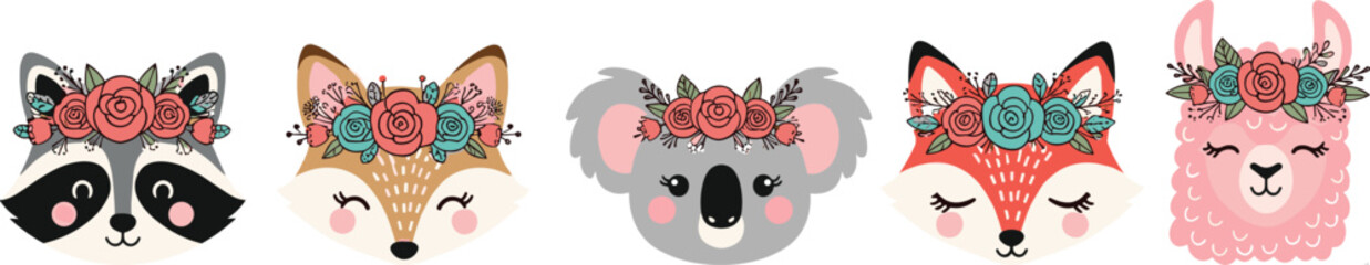 Cute floral animal faces with flower crowns, raccoon fox koala llama illustration for nursery, greeting cards, kids decor design © Mim's World