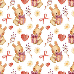 Seamless watercolor pattern with cute rabbits holding gift boxes, hearts, flowers and bows on a white background. Perfect for stickers, cards, fabric, wrapping paper and kids designs.