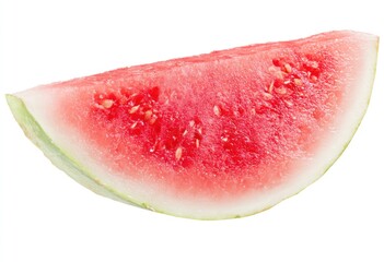 A vibrant, crescent-shaped slice of watermelon, showcasing its juicy pink flesh speckled with seeds and a light green rind, isolated on white