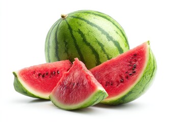 Whole green-striped watermelon with three sliced red sections showing juicy flesh and black seeds on a plain white background