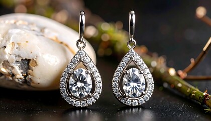 Elegant diamond earrings on a dark surface