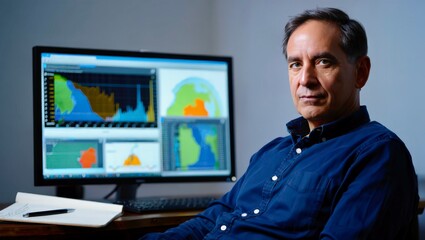 Technical specialist analyzing global data visualization dashboards