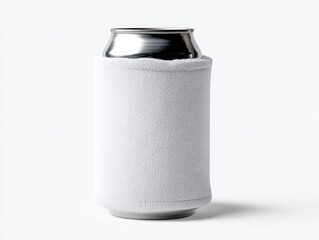 Silver can encased in a white fabric cozy, displayed on a plain white background. The can's top is visible. Bright studio lighting creates soft shadows