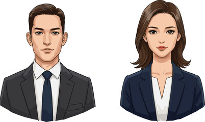 Portrait of two business professionals in formal attire, corporate identity, office team, vector illustration for workplace branding and profiles