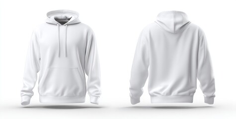 White hoodie mockup, shown from the front and back, on a neutral background. Soft shadows add depth to the clothing's folds and form