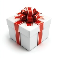 A white square box, tied with bright red ribbon and bow, sits on a white surface. Soft shadows suggest a three-dimensional object