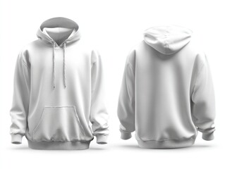 Two blank white hoodies, one displayed from the front with a pocket and drawstrings, and the other from the back, showing the hood