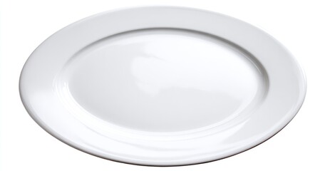 White ceramic oval plate with a raised rim, presented against a white background. Highlights accentuate the curved form and smooth, polished surface